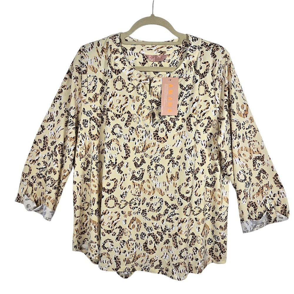 AMANA Women 2X Animal Print Blouse Tan Black 3/4 Roll Tab Sleeve Back Button NEW